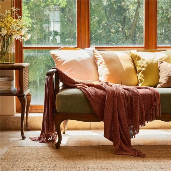 Fall Throw Blanket for Couch-Soft Boho Bed Throw Blankets, Cozy Burnt Orange - Picture 2 of 6